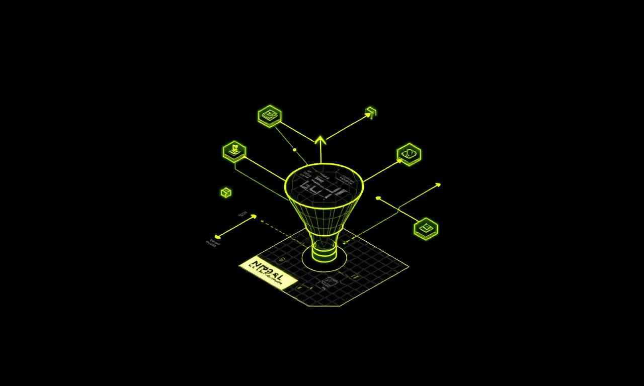 Diagrama isométrico de un funnel de conversión conectado a nodos de un ecosistema digital.