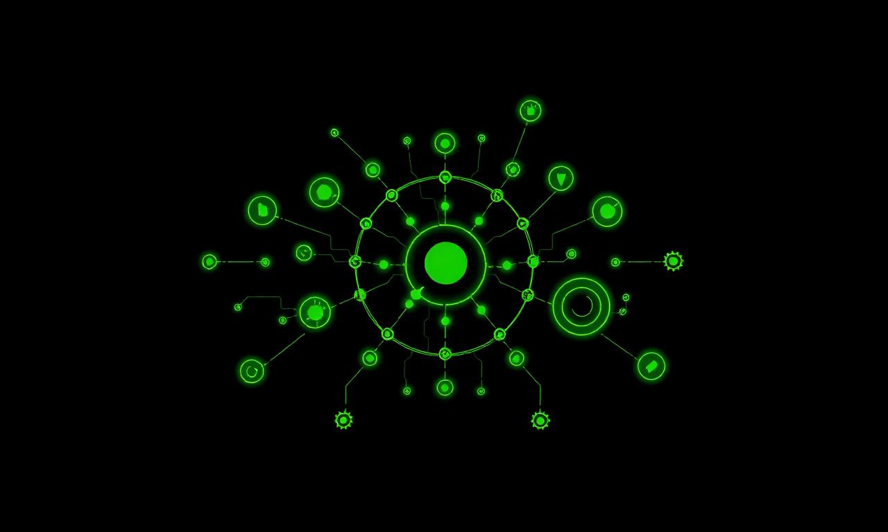 Red neuronal circular con nodos brillantes representando agentes de IA y automatización.